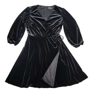 Tahari Black Velvet Size 14 Faux Wrap Dress Long Sleeve Midi Witchy Whimsigoth